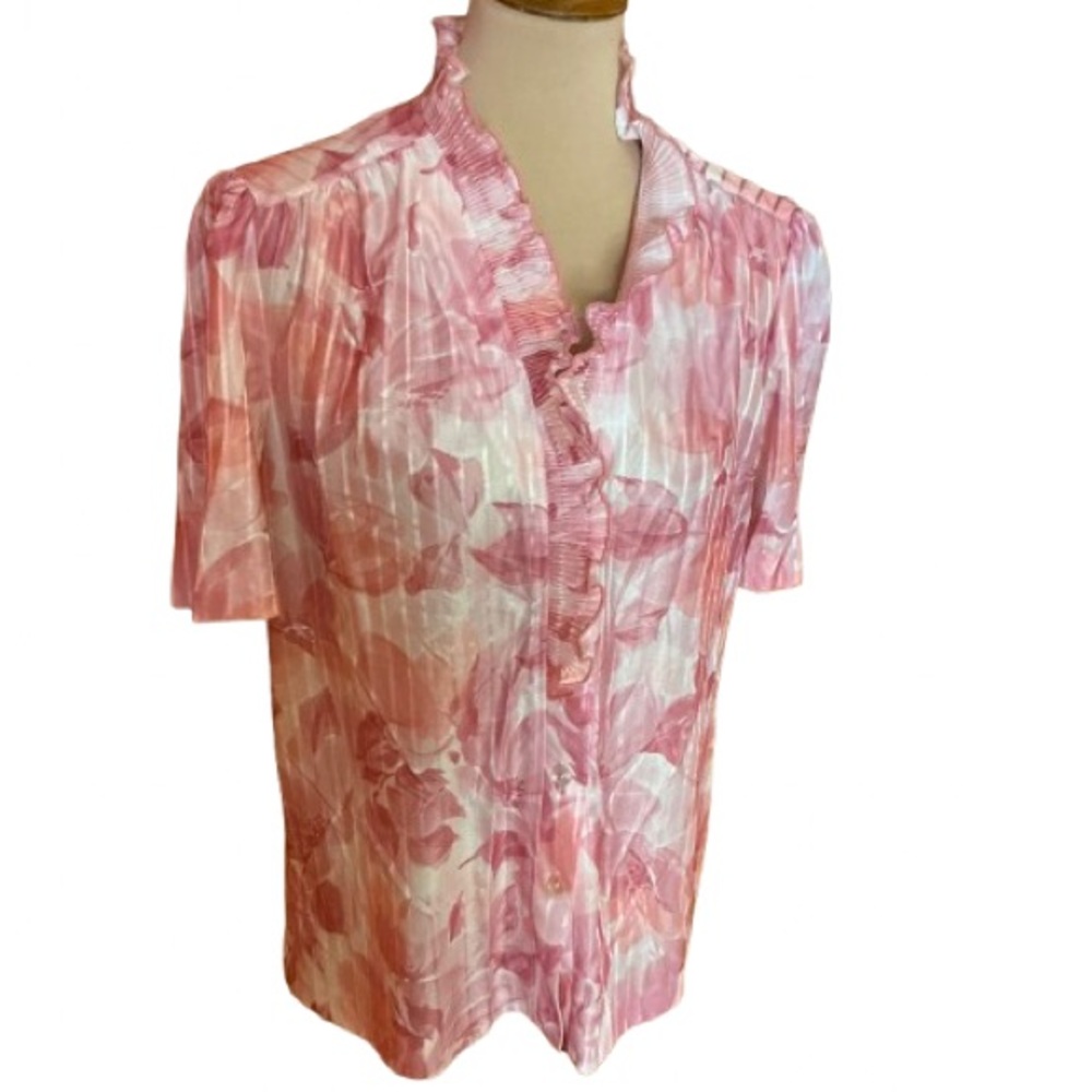 Vtg 70s polyester pink feminine floral ruffled top